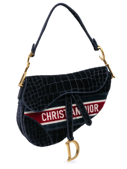 Christian Dior 2021 Velvet Crocodile Effect Embroidered Saddle Bag shoulder bag