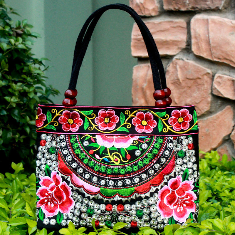 Ethnic Style Embroidered Handbag with Wooden Beads and Lace