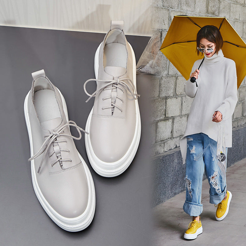 New Height Increase Casual Shoes Women Simple Yellow Leather Lace-up Single Shoes Platform Platform Shoes British Style Women's Shoes