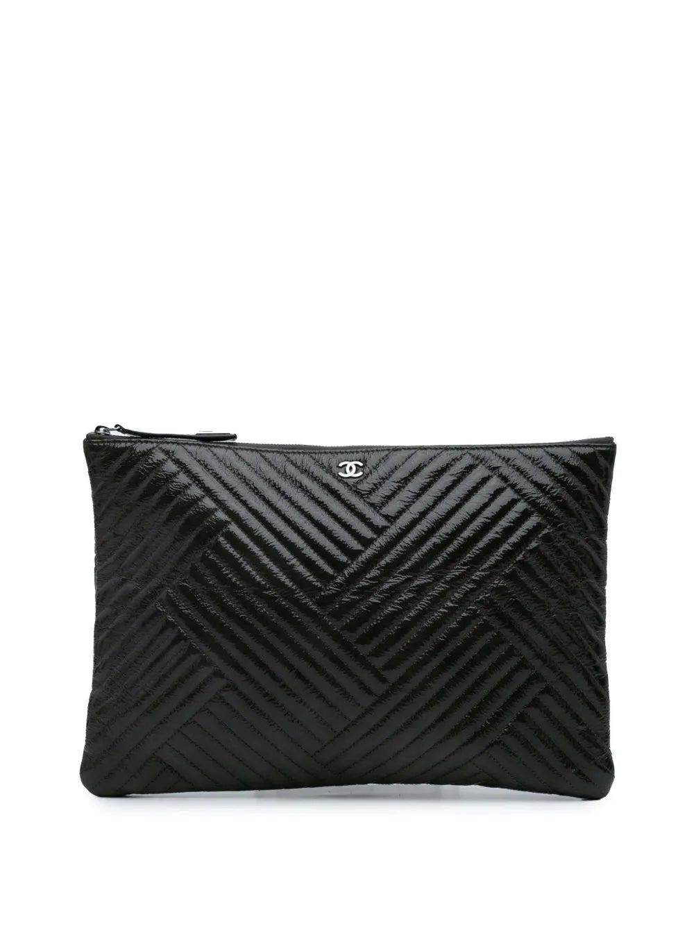 CHANEL 2015 2016 Large CC Distressed Quilted Patent Chevron Crossing O Case clutch bag