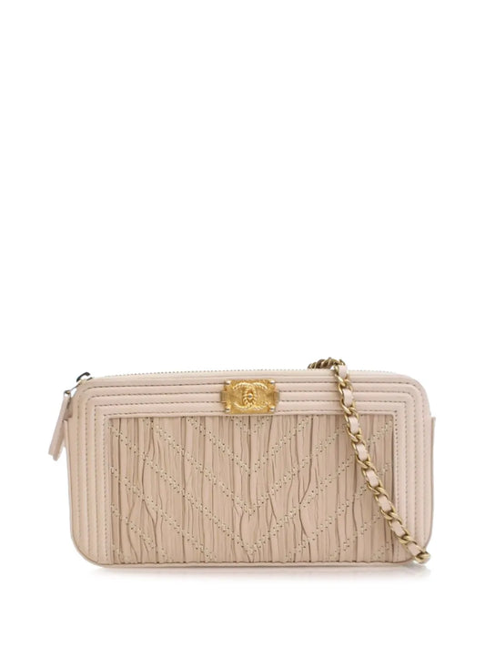 CHANEL 2018 Small Chevron Crumpled Lambskin Boy Clutch With Chain crossbody bag