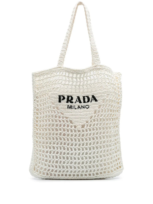 Prada 2000 2024 Raffia Effect Crochet Logo Embroidered tote bag