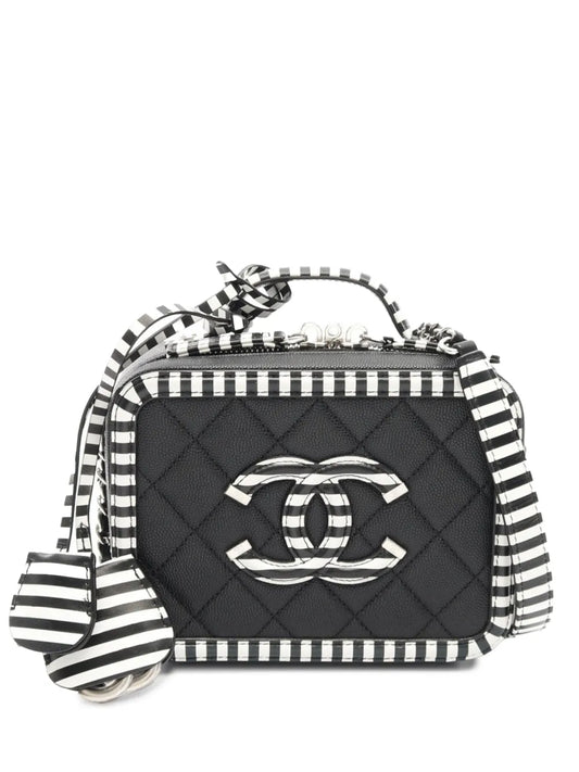 CHANEL 2019 Small Caviar Striped CC Filigree Case vanity bag