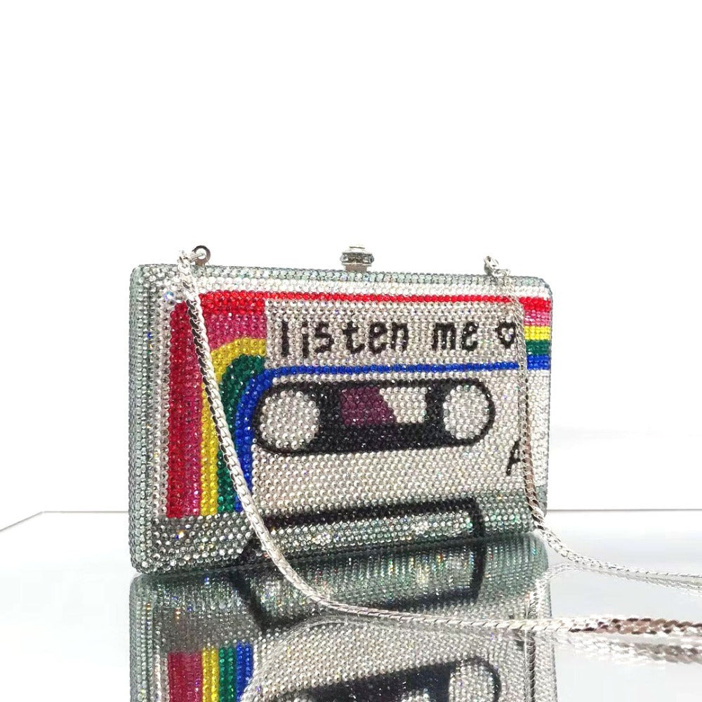 Luxury Crystal Cassette Tape Evening Clutch Purse for Women