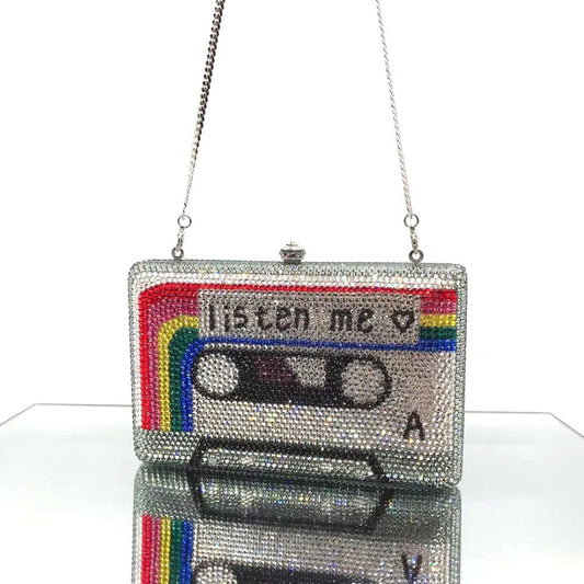 Luxury Crystal Cassette Tape Evening Clutch Purse for Women