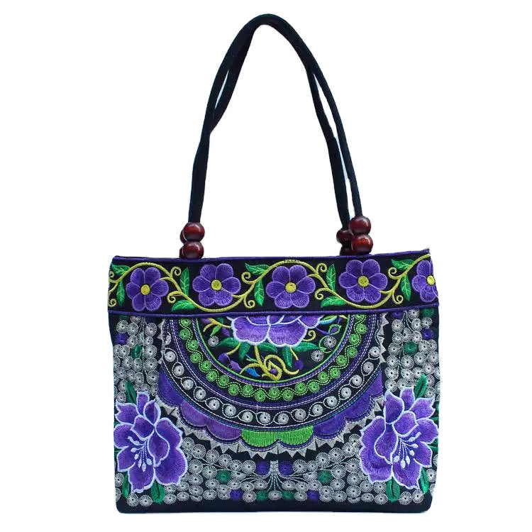 Ethnic Style Embroidered Handbag with Wooden Beads and Lace