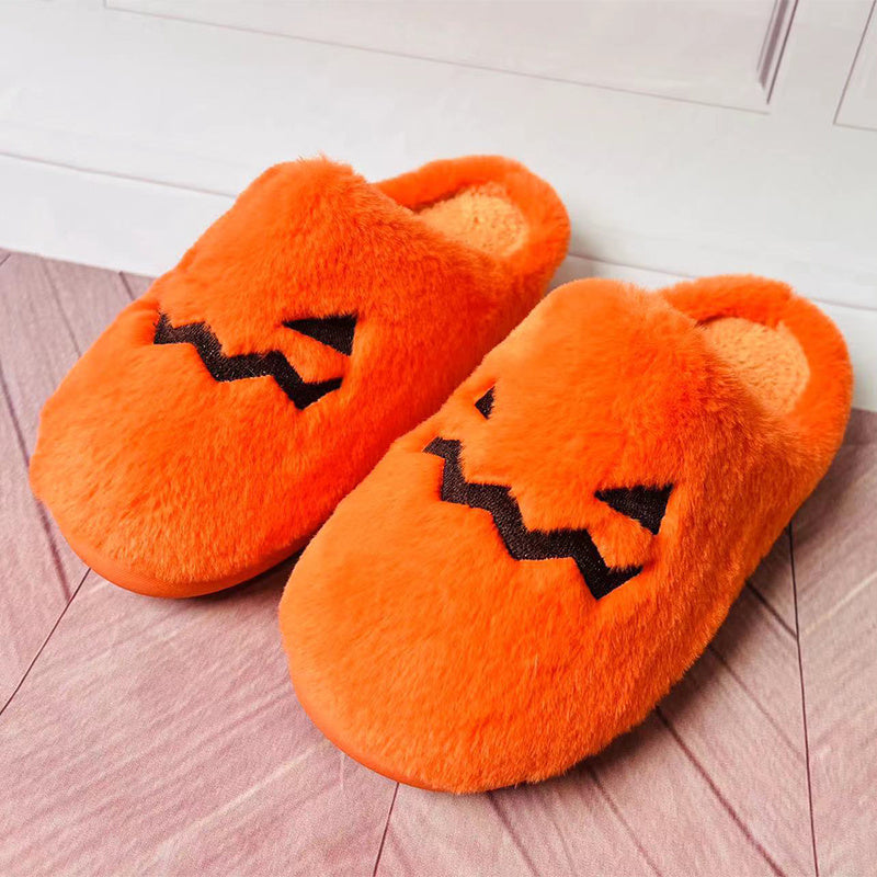 Cute Halloween Pumpkin Slippers – Warm Plush Indoor House Shoes