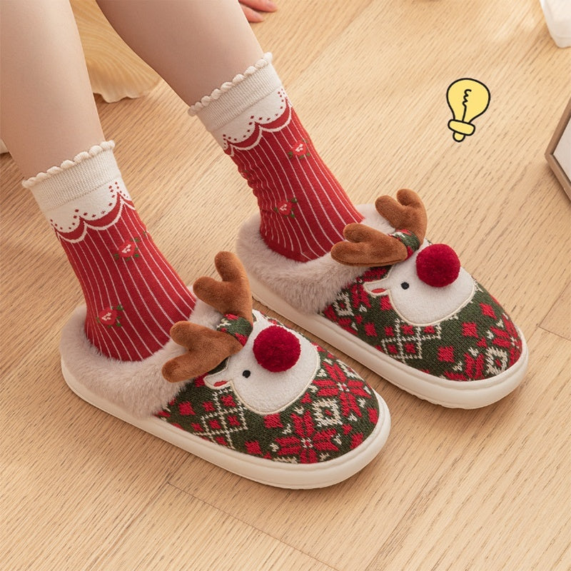 Cute Christmas Elk Plush Slippers for Women – Warm Fuzzy Winter House Shoes