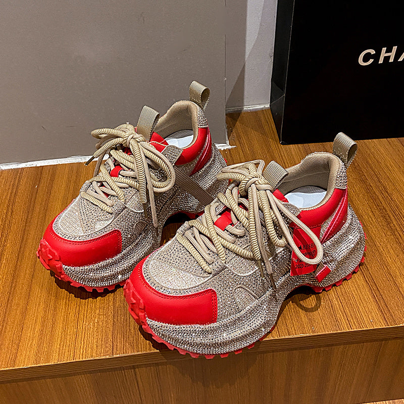 Women's Fashion High-top Sneakers | Shiny Sequin Lace-up Shoes with Rhinestones