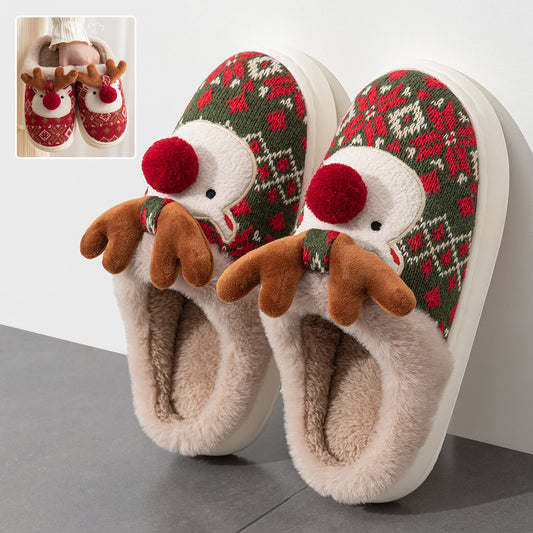 Cute Christmas Elk Plush Slippers for Women – Warm Fuzzy Winter House Shoes
