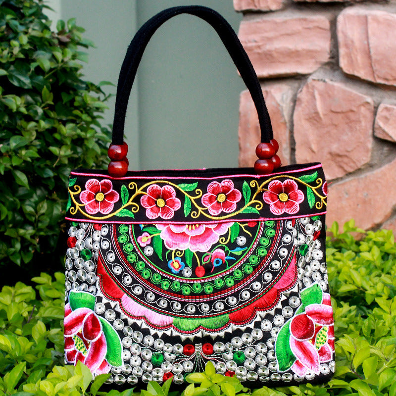 Ethnic Style Embroidered Handbag with Wooden Beads and Lace