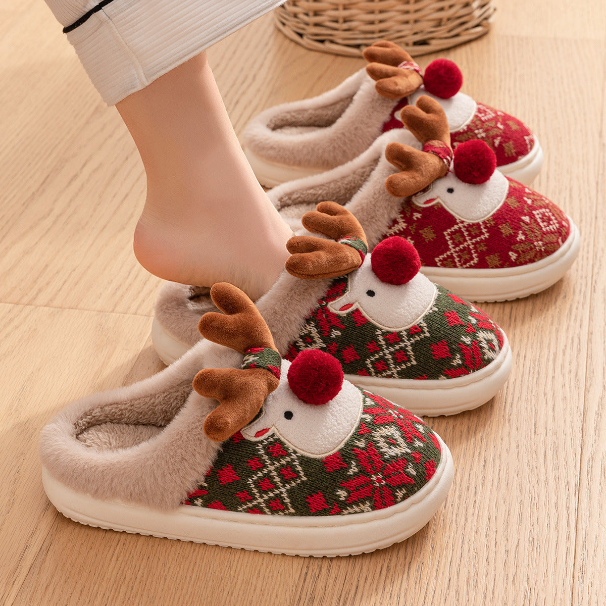 Cute Christmas Elk Plush Slippers for Women – Warm Fuzzy Winter House Shoes