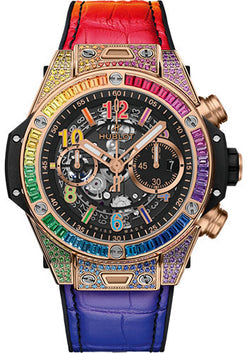 hublot unico big bang rainbow 18k king gold &  colored gemstones men's watch