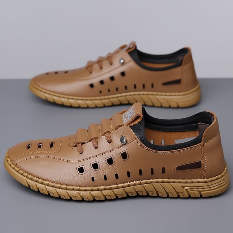 Men’s Hollow Leather Sandals – Breathable Slip-on Soft Bottom Shoes