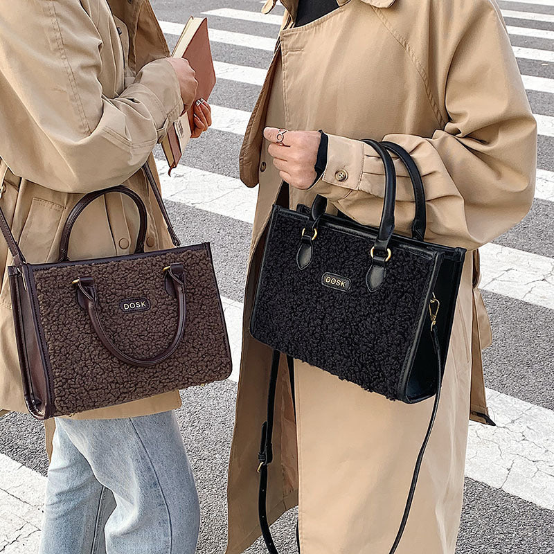 Women's Winter Lamb Wool Handbag – Solid Color PU Small Square Shoulder Bag