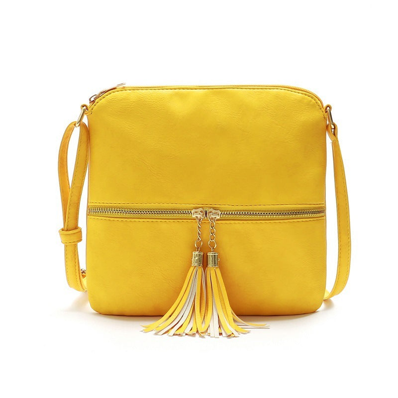 New Style Double Fringe Diagonal Shoulder Bag with Front Zipper Pocket for Women