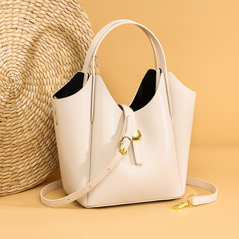 Women’s Leather Hand-Held Bag – Large Capacity Bucket Tote