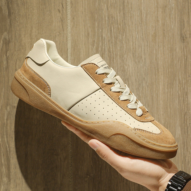 Men’s Genuine Leather Board Shoes – Stitching Contrast Color Platform Flat Casual Sneakers