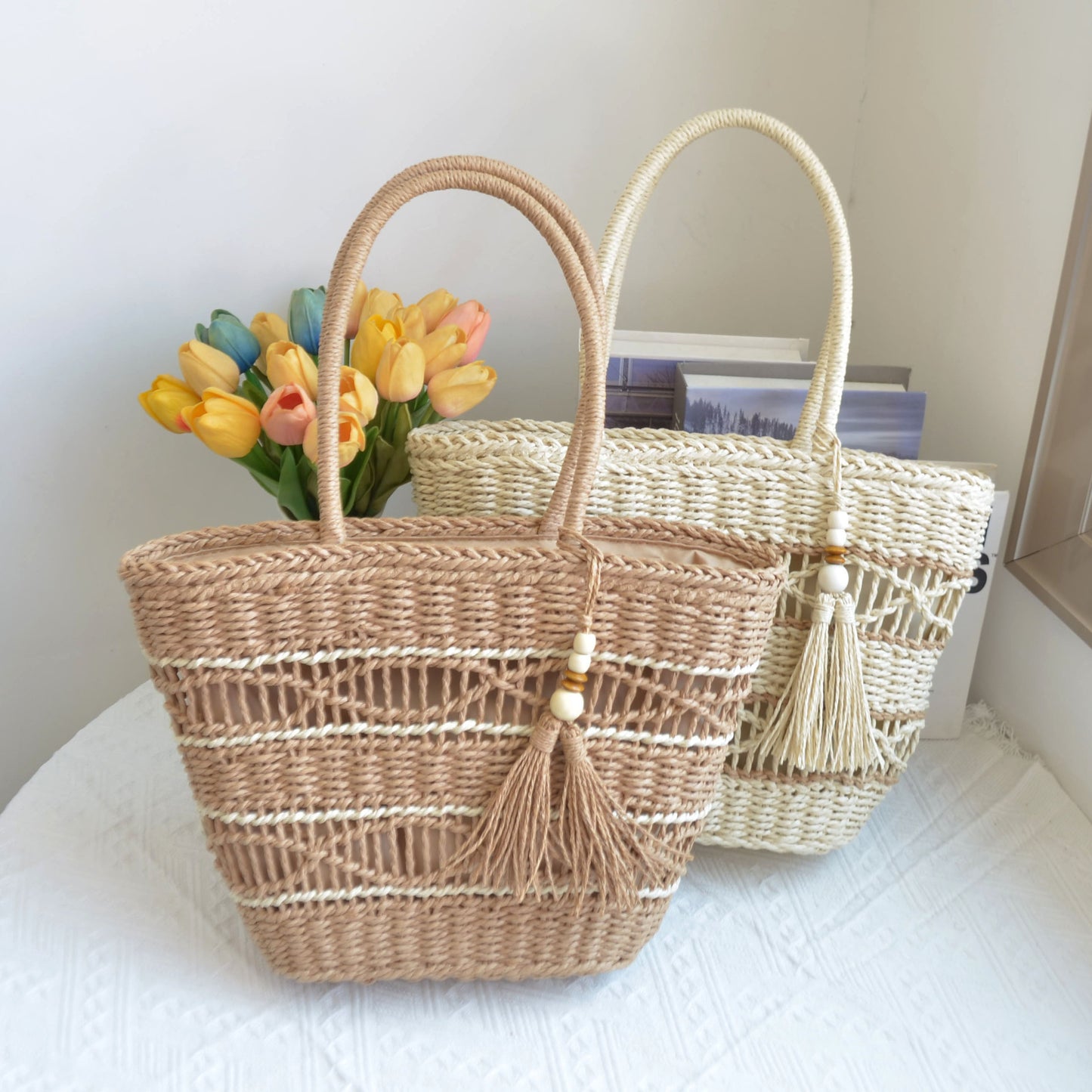 Women’s Handcrafted Paper String Straw Bag – Trendy Woven Shoulder Tote