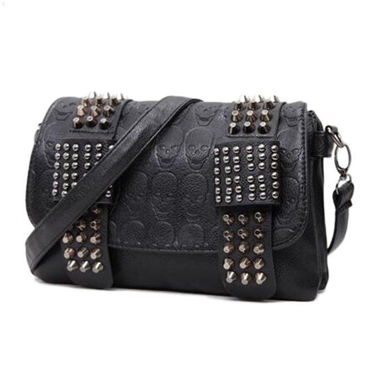 Women’s Black Leather Messenger Bag – Vintage Skull Rivet Shoulder Bag