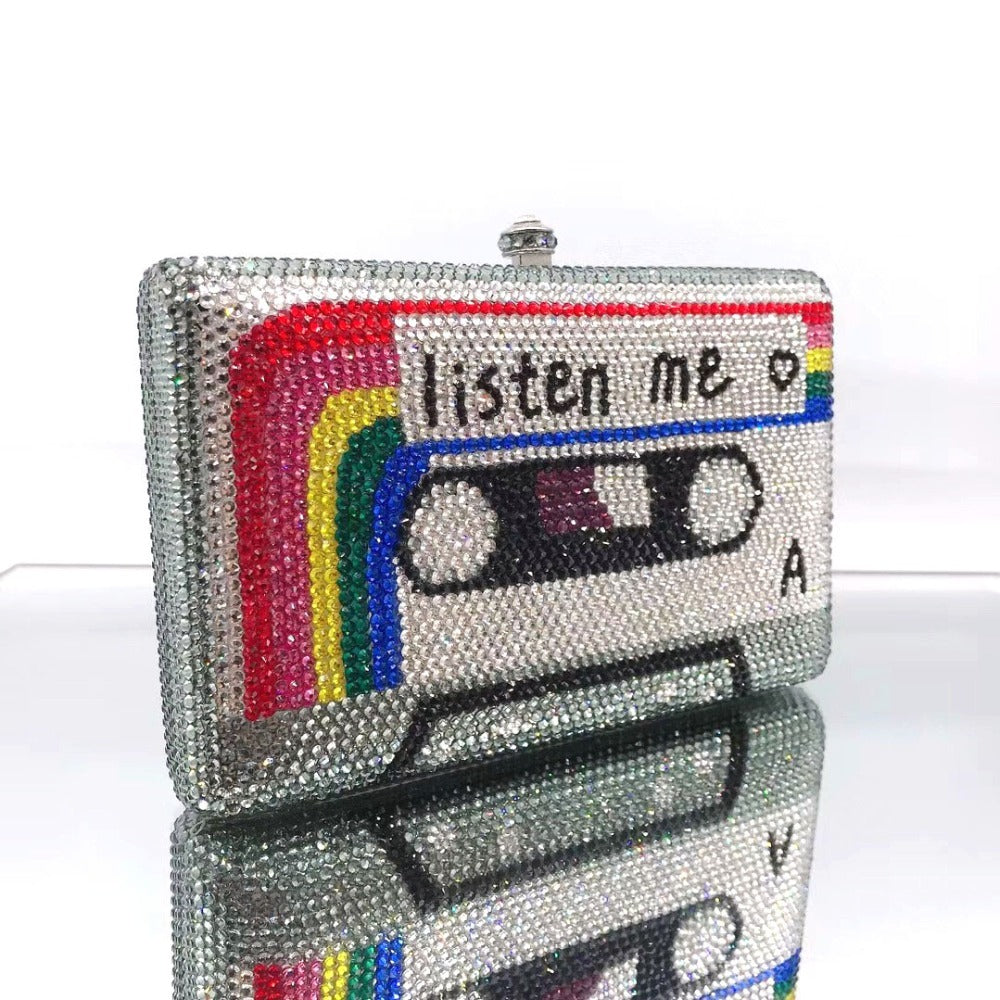 Luxury Crystal Cassette Tape Evening Clutch Purse for Women