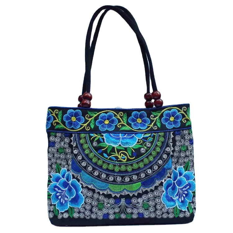 Ethnic Style Embroidered Handbag with Wooden Beads and Lace