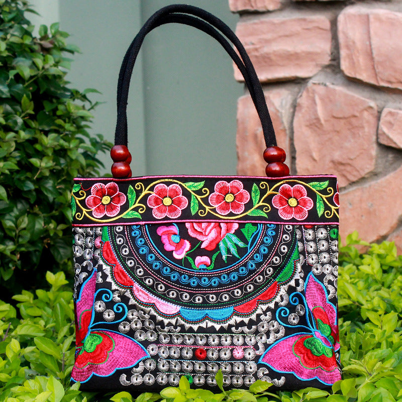Ethnic Style Embroidered Handbag with Wooden Beads and Lace