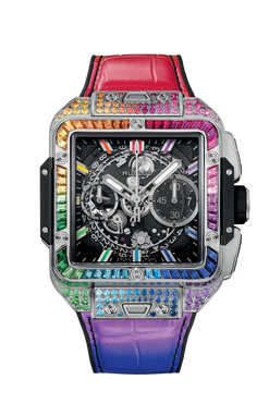 hublot square bang chronograph unico titanium & 18k white gold & colored gemstones rainbow men's watch