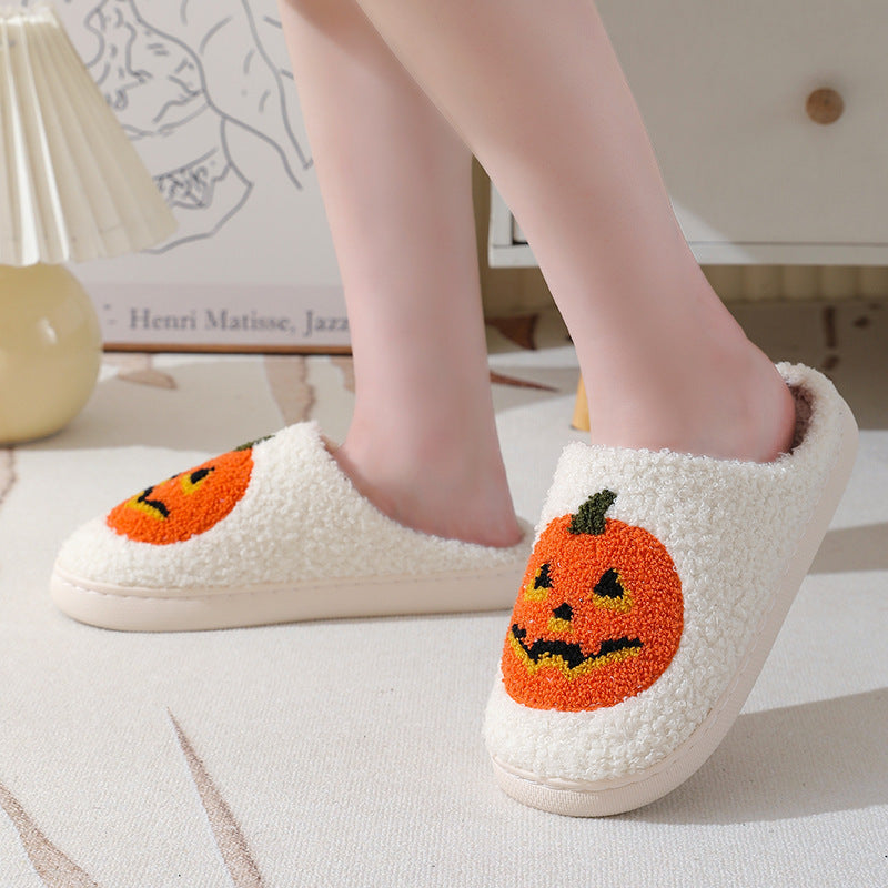 Halloween Pumpkin Slippers – Warm Plush Indoor Shoes for Couples