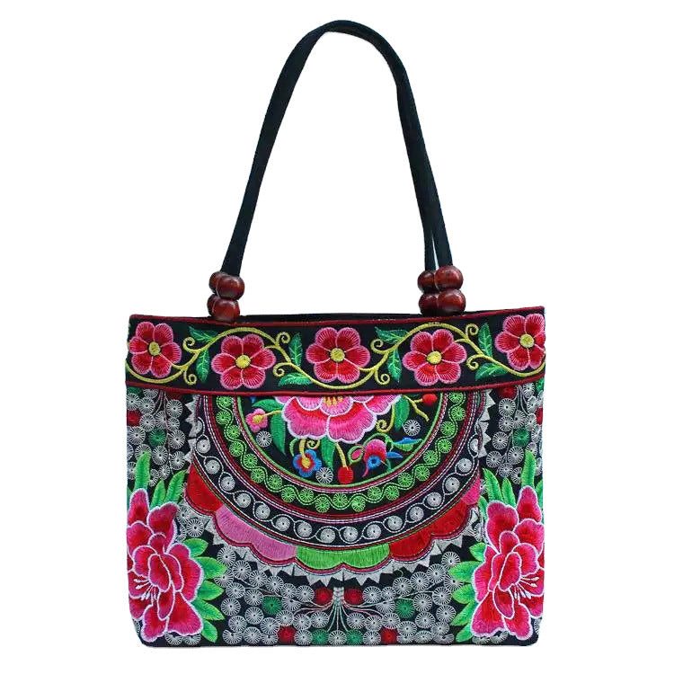 Ethnic Style Embroidered Handbag with Wooden Beads and Lace
