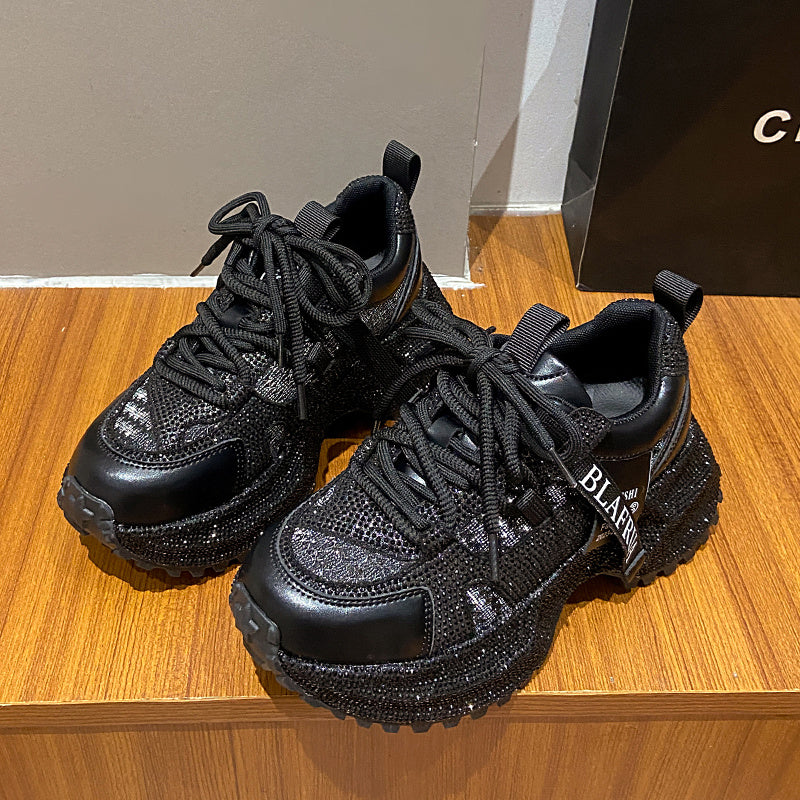 Women's Fashion High-top Sneakers | Shiny Sequin Lace-up Shoes with Rhinestones