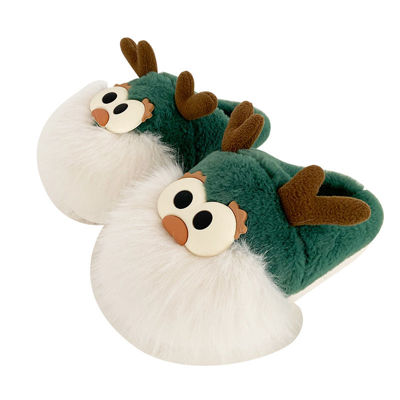 Cute Christmas Deer Plush Slippers for Women – Warm Winter Indoor Shoes