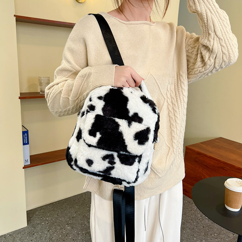 Soft Plush Cow Pattern Backpack – Cute Mini Women’s Bag