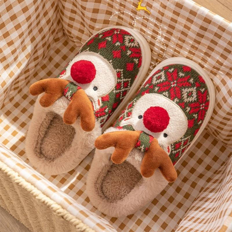 Cute Christmas Elk Plush Slippers for Women – Warm Fuzzy Winter House Shoes