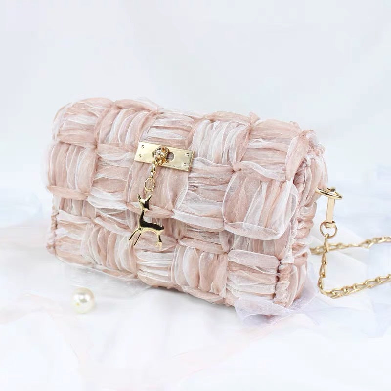 Women’s Woven Chain Bag – Trendy Ribbon Gauze Shoulder Bag