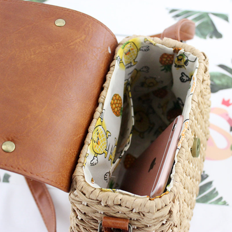 Antique Straw Woven Messenger Beach Bag for Women