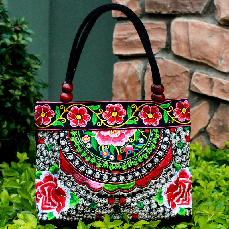 Ethnic Style Embroidered Handbag with Wooden Beads and Lace