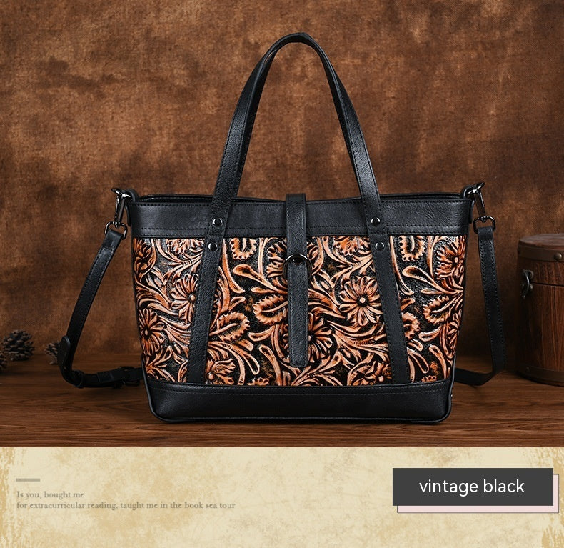 Women’s Cowhide Skeleton-Skin Bag – First Layer Hand-Carved Tote