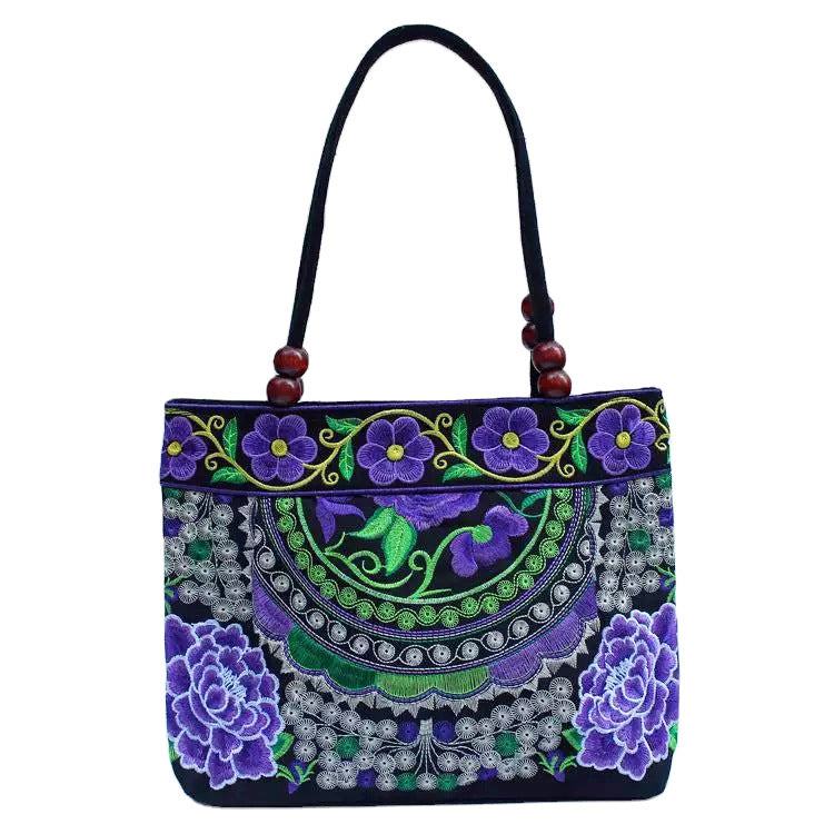 Ethnic Style Embroidered Handbag with Wooden Beads and Lace