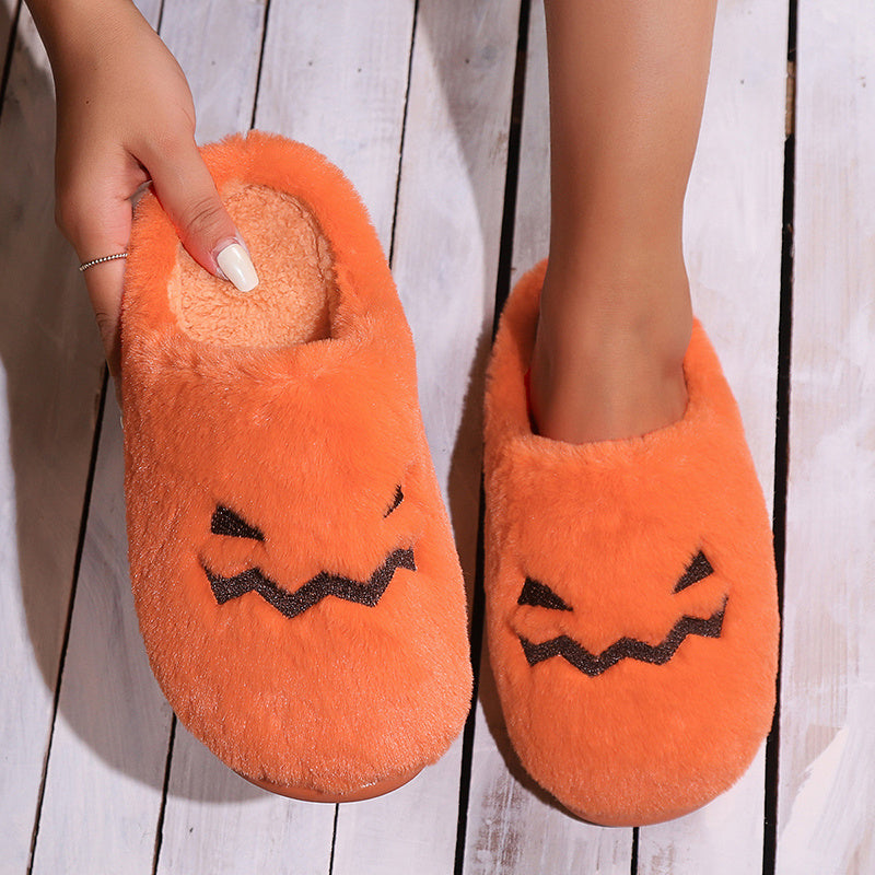 Cute Halloween Pumpkin Slippers – Warm Plush Indoor House Shoes