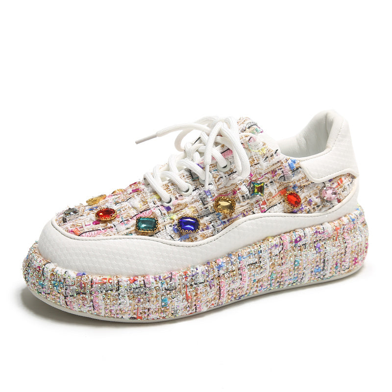 Women's Fashion Platform Loafers, Colorful Tweed Slip-on Shoes With Gemstones, Casual And Comfortable Flat Shoes