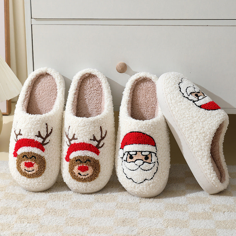 Cute Santa Claus Christmas Slippers – Warm Furry Home Shoes for Couples