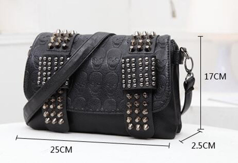 Women’s Black Leather Messenger Bag – Vintage Skull Rivet Shoulder Bag