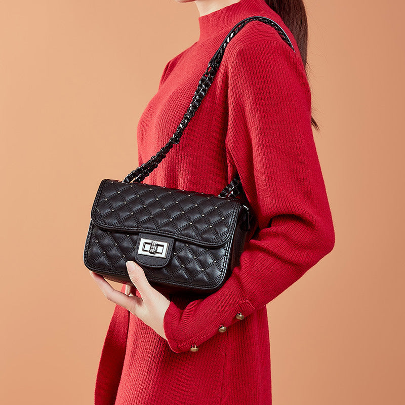 Genuine Leather Rhombus Chain Shoulder Messenger Bag for Women