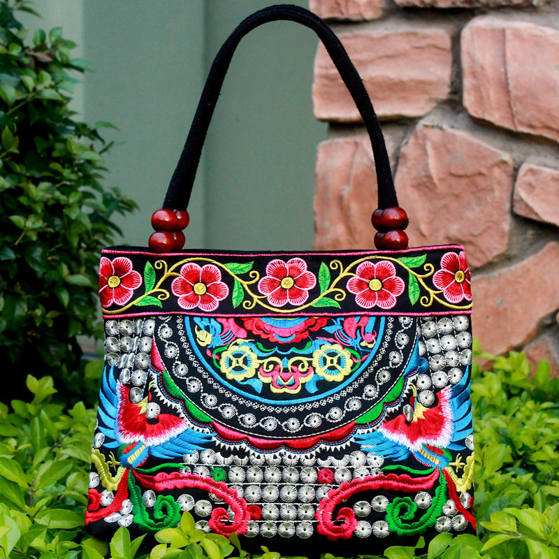 Ethnic Style Embroidered Handbag with Wooden Beads and Lace