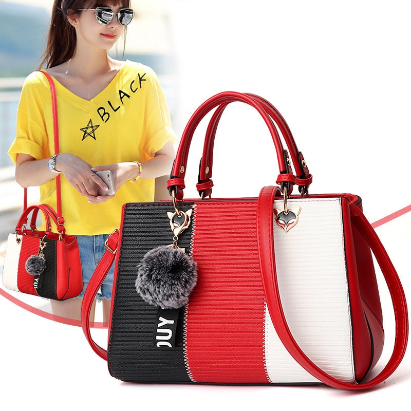 Fashion Patchwork Handbag – Women’s Hairball Ornament Tote Crossbody Bag