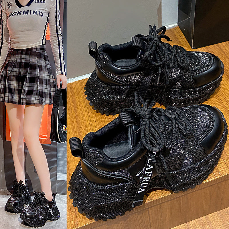 Women's Fashion High-top Sneakers | Shiny Sequin Lace-up Shoes with Rhinestones