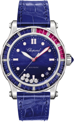 chopard happy diamonds ocean 18k white gold & sapphire & diamonds & rubies lady's watch