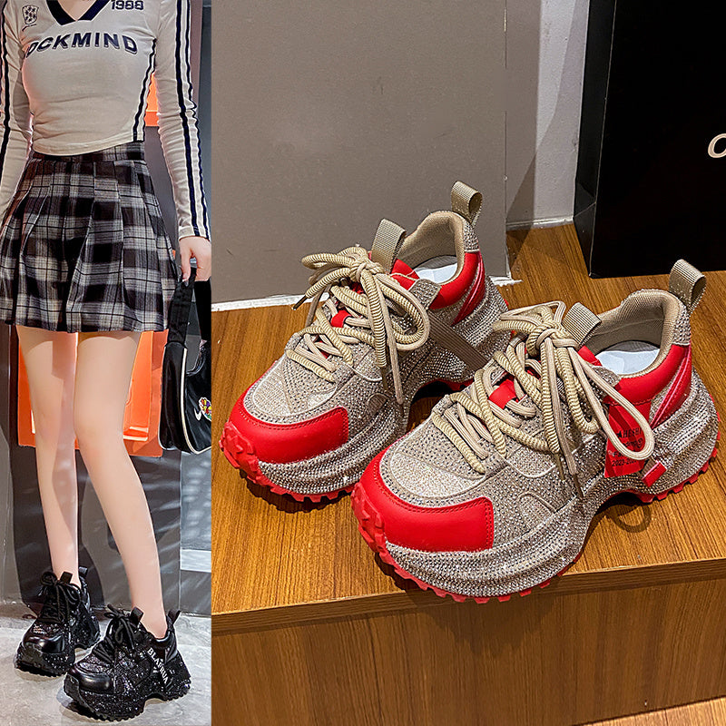 Women's Fashion High-top Sneakers | Shiny Sequin Lace-up Shoes with Rhinestones