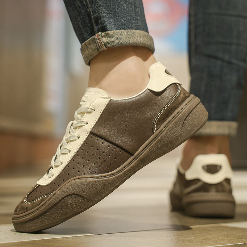 Men’s Genuine Leather Board Shoes – Stitching Contrast Color Platform Flat Casual Sneakers